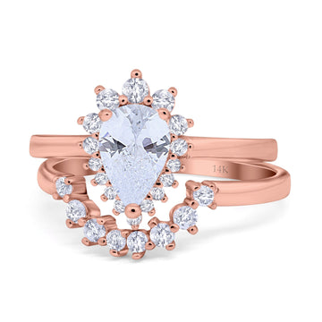 14K Rose Gold Teardrop Two Piece Art Deco Simulated CZ Wedding Ring Curved Band Size-7